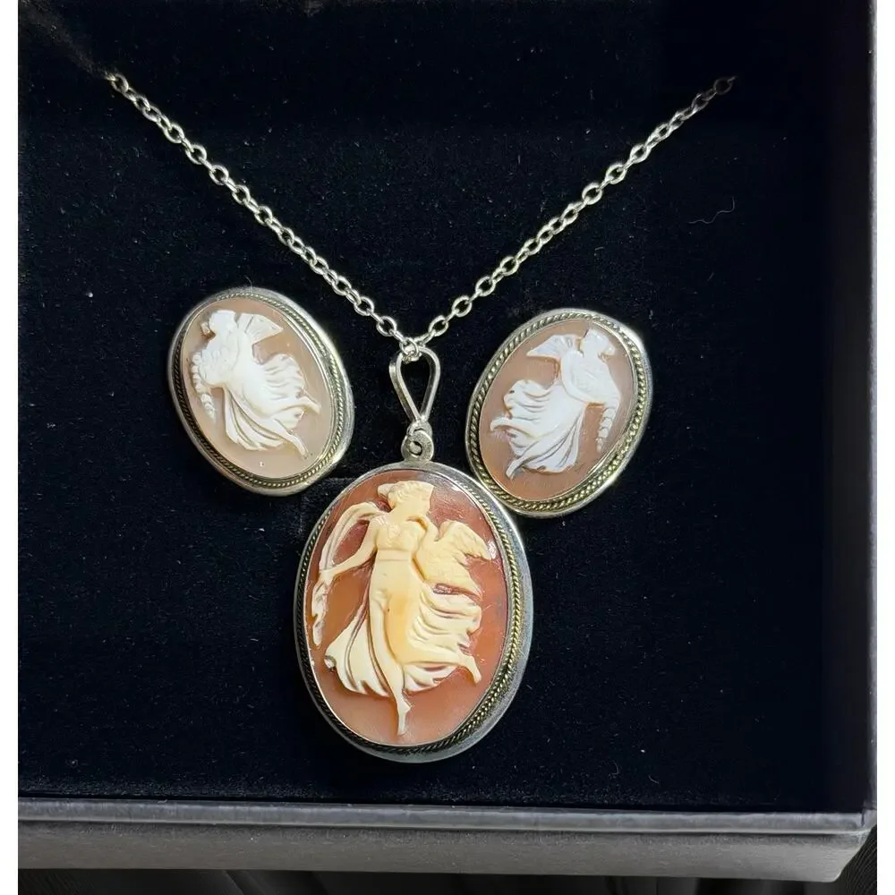 Vintage Sterling Shell Cameo Dancing Muse Necklace & Matching Clip Earrings Set